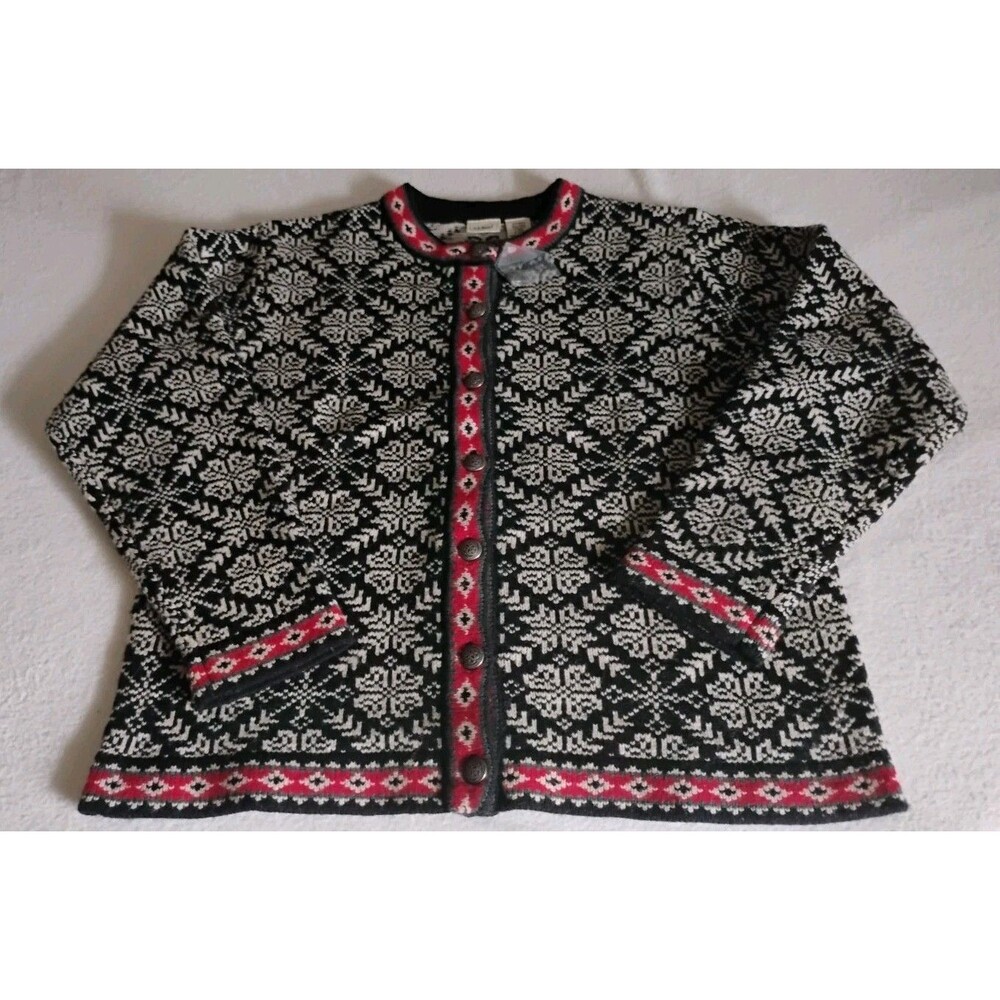 LL Bean Wool Cardigan Sweater Womens Fair Isle Nordic Snowflake Black Wht New L